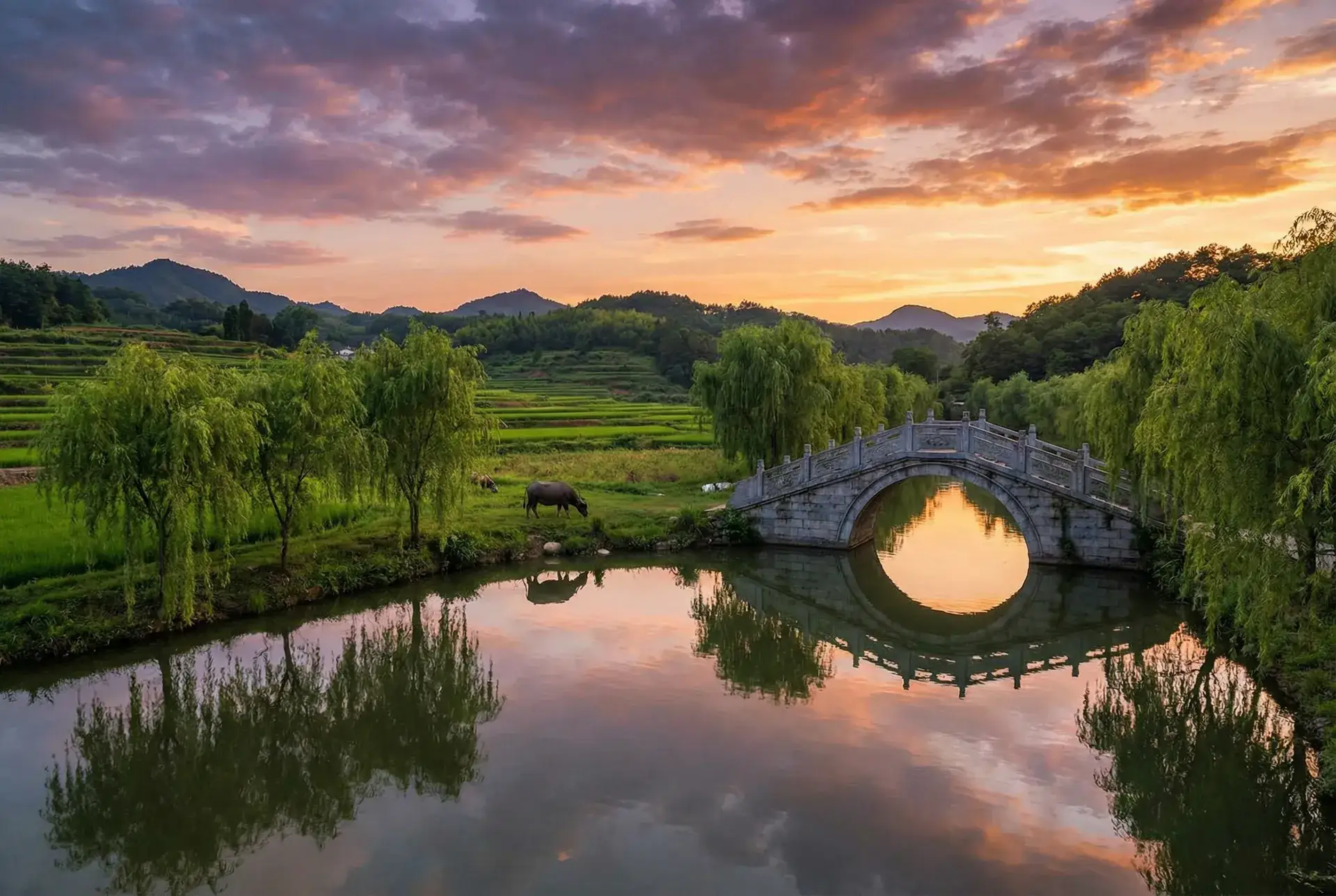 夕阳下的石拱桥与垂柳，水牛在河边吃草 - 绿帽剪辑 乡村美景